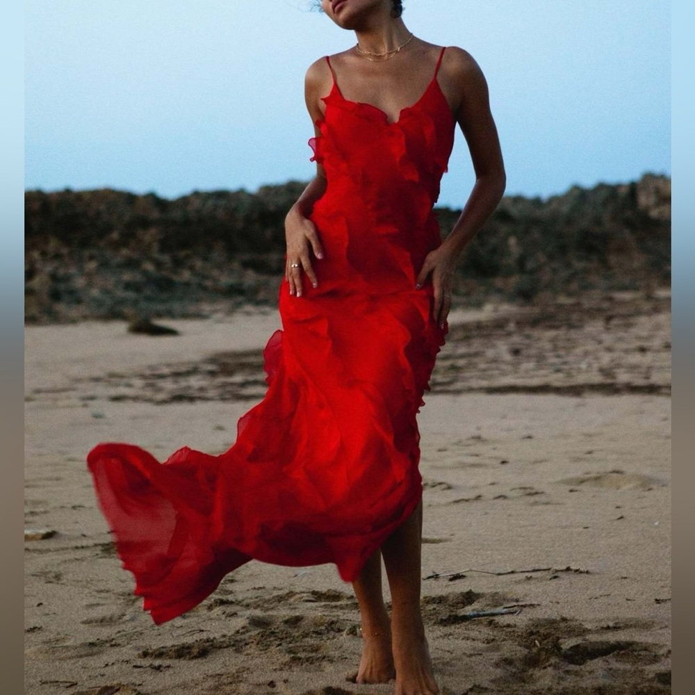 Red Silk Slip Dress with Ruffle Detail - Women